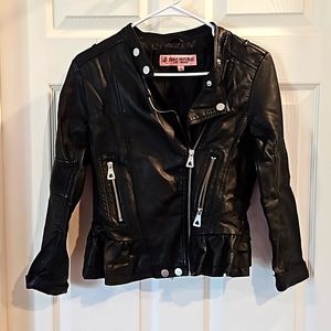 Urban Republic Girl's Faux Leather Moto Jacket with Ruffled Bottom, Black